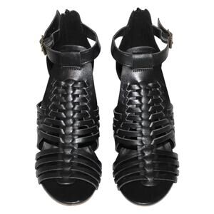 Strappy Faux Leather Black Block Heel Sandals 8.5